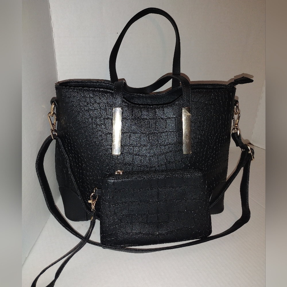 Elegant Black Croc-Embossed Tote Bag Set